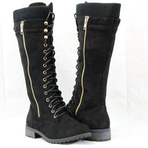 Women Fashion Knee High Lace Up Combat boots sweater opening faux Suede Black
